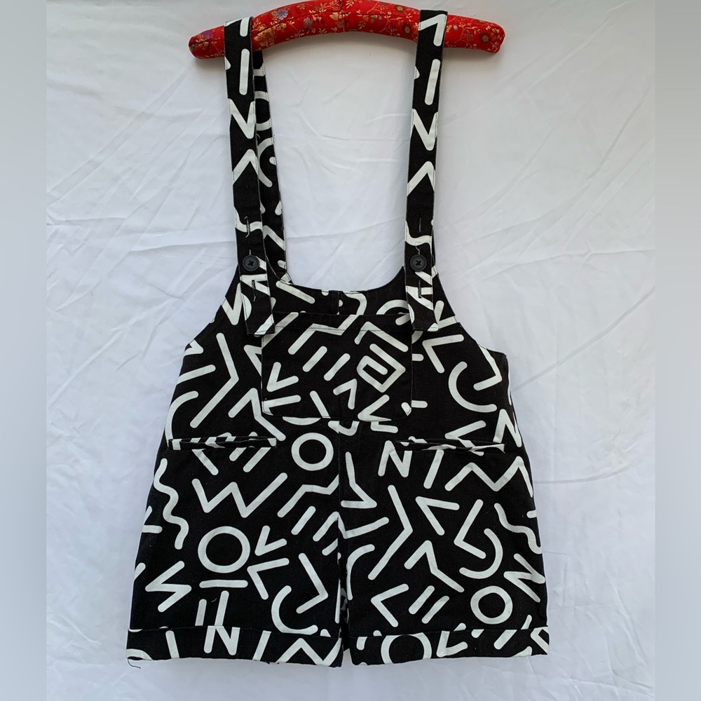 SHEIN black and white print jumper shorts with suspender straps